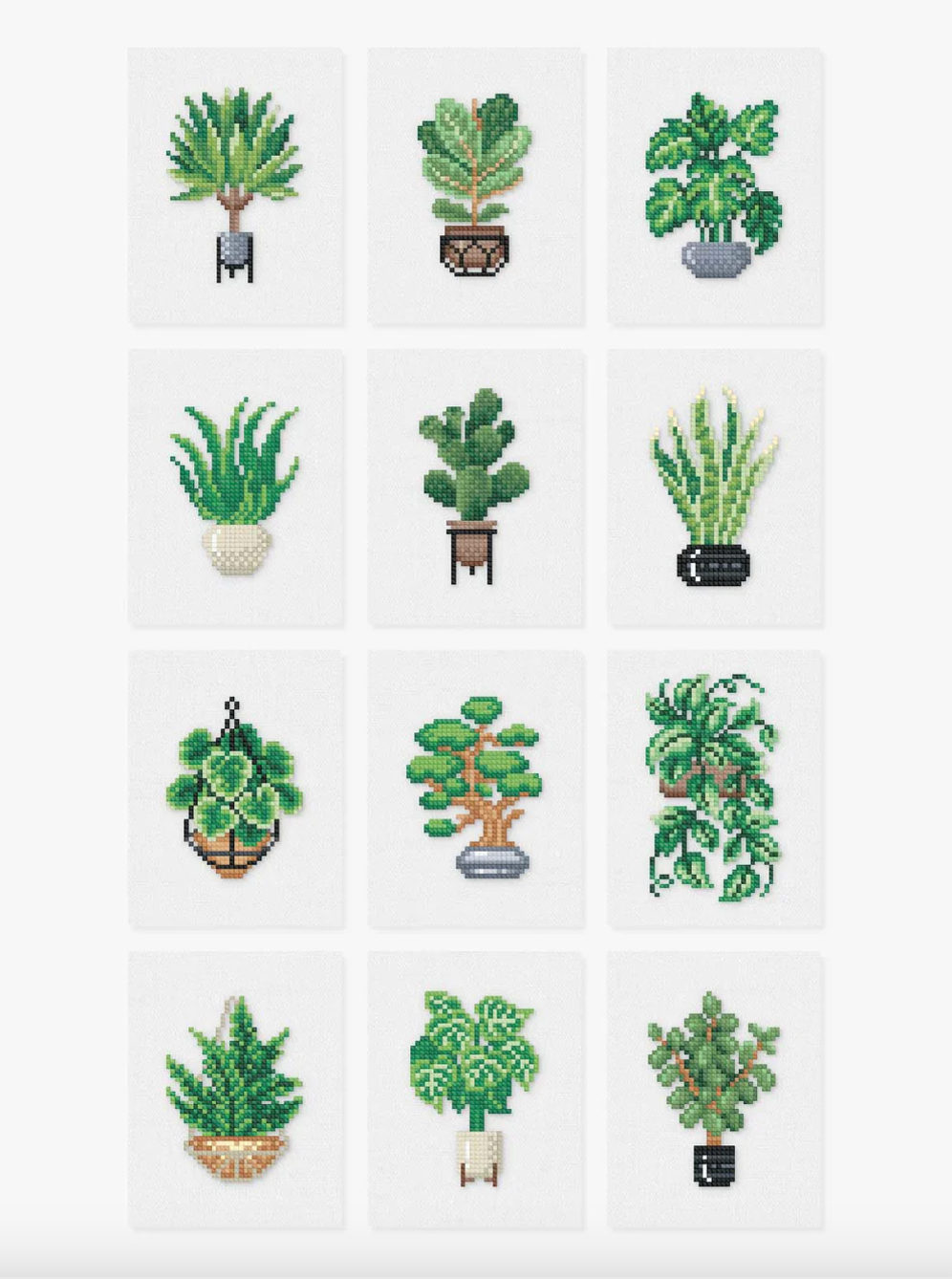 A set of 12 diamond painting canvases depicting various houseplant designs.