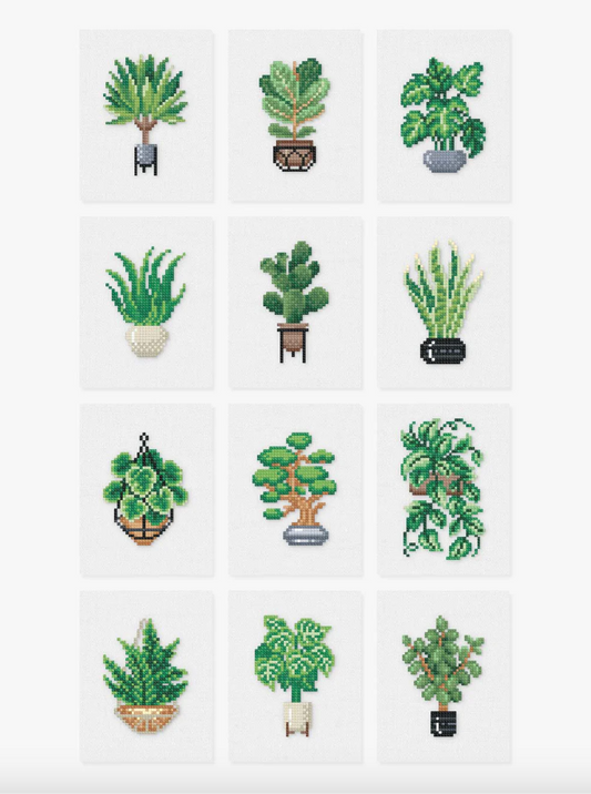 A set of 12 diamond painting canvases depicting various houseplant designs.