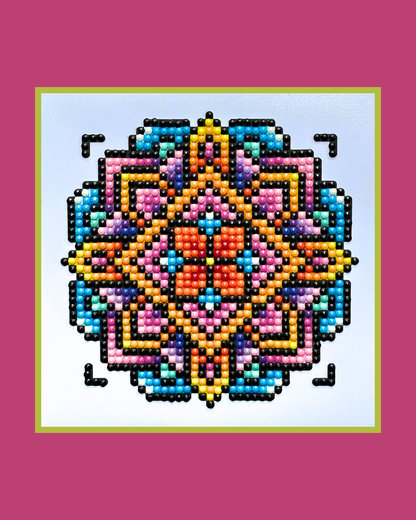 Colorful pixel art design on a white background with a pink border