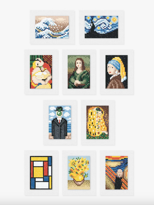 A set of 10 different diamond-shaped art reproductions, including famous paintings like 'Starry Night' and 'Mona Lisa.'