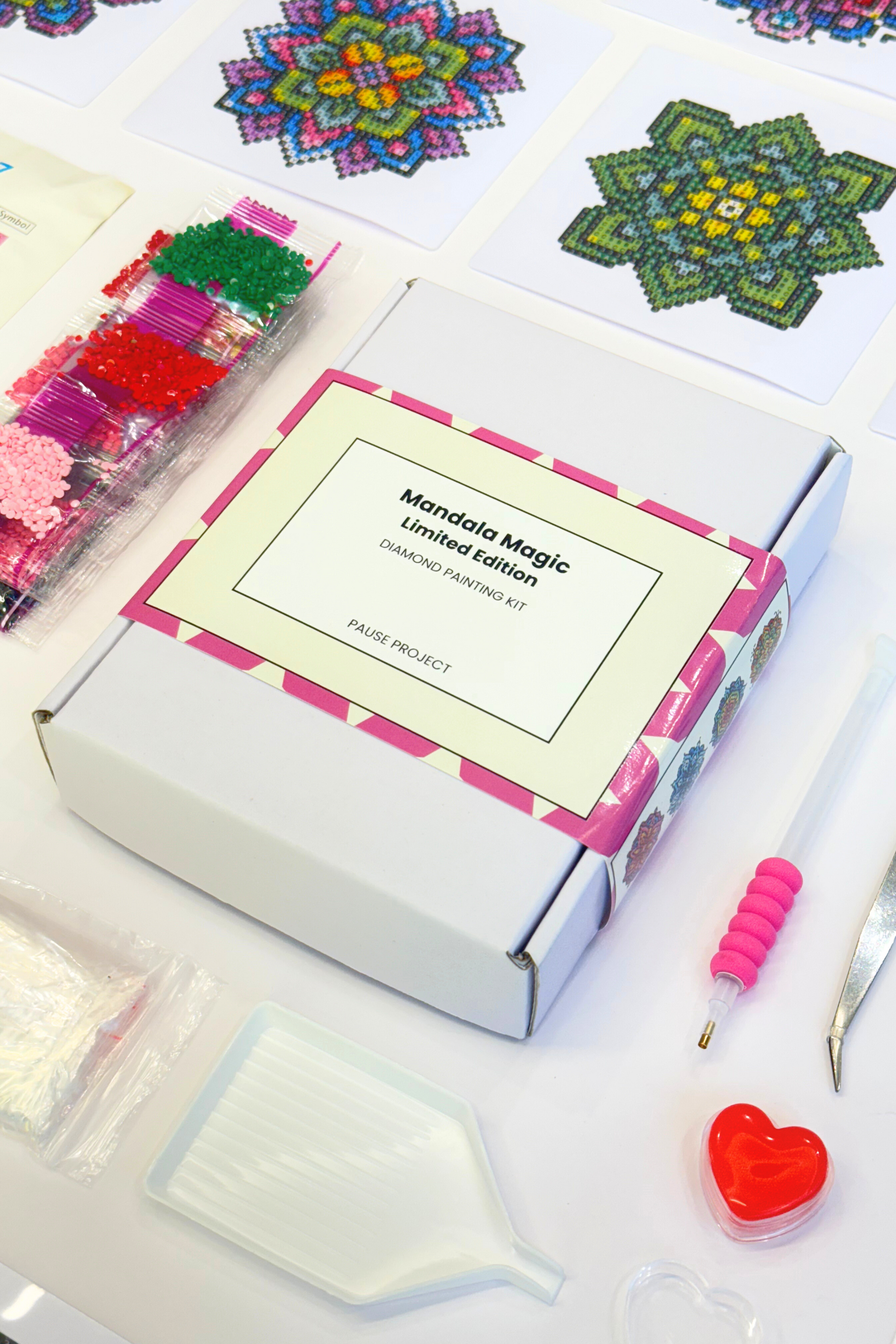 Mandala Magic craft kit with colorful mandalas and crafting materials on a white background
