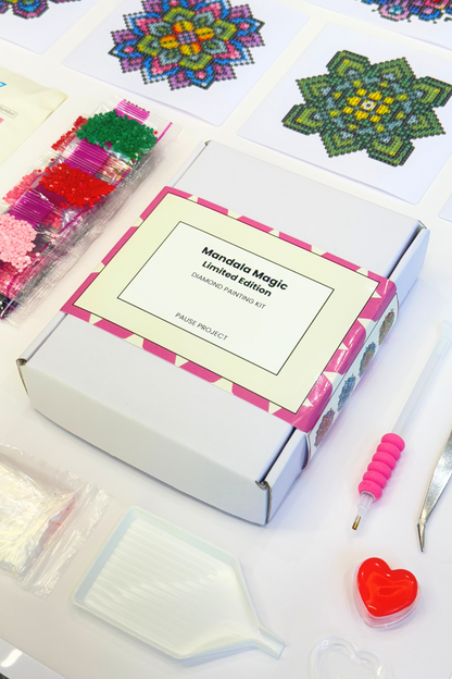 Mandala Magic craft kit with colorful mandalas and crafting materials on a white background