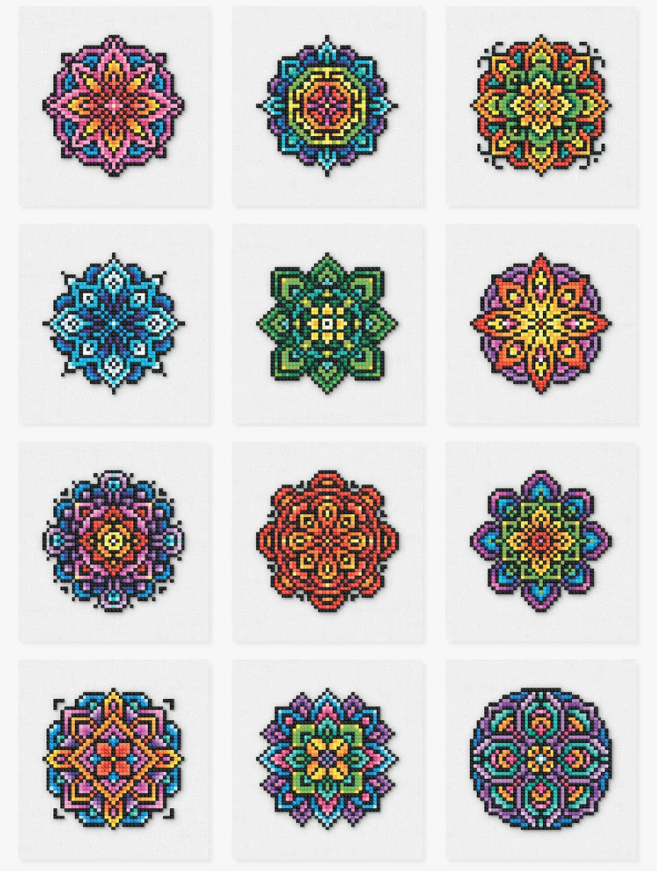 A set of 12 colorful mandala designs, each with intricate patterns and a variety of colors.