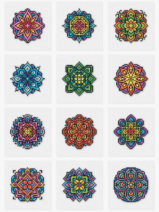 A set of 12 colorful mandala designs, each with intricate patterns and a variety of colors.